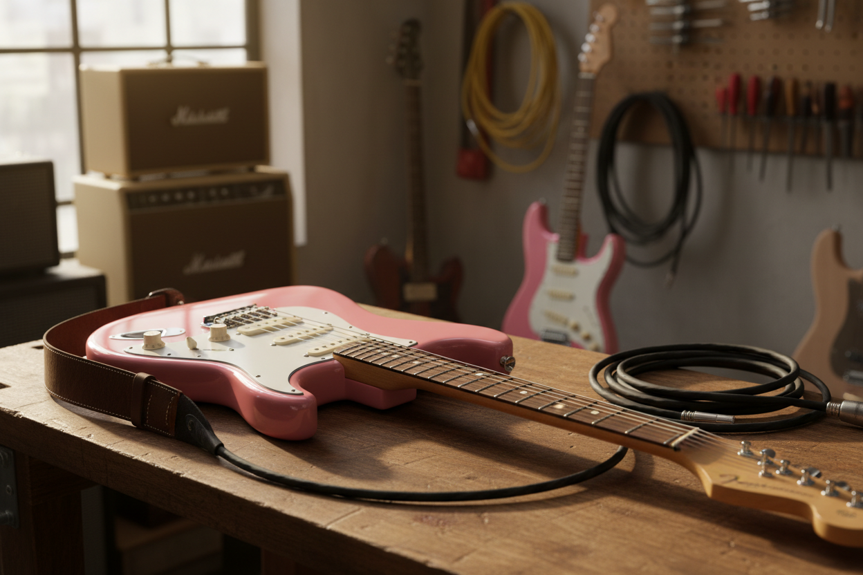 Partscaster Stratocaster SSS 2026 - Flamingo in studio setting